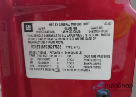 2003 Chevrolet Trailblazer Ext Lt из США, поврежденный, VIN 1GNET16P236217808